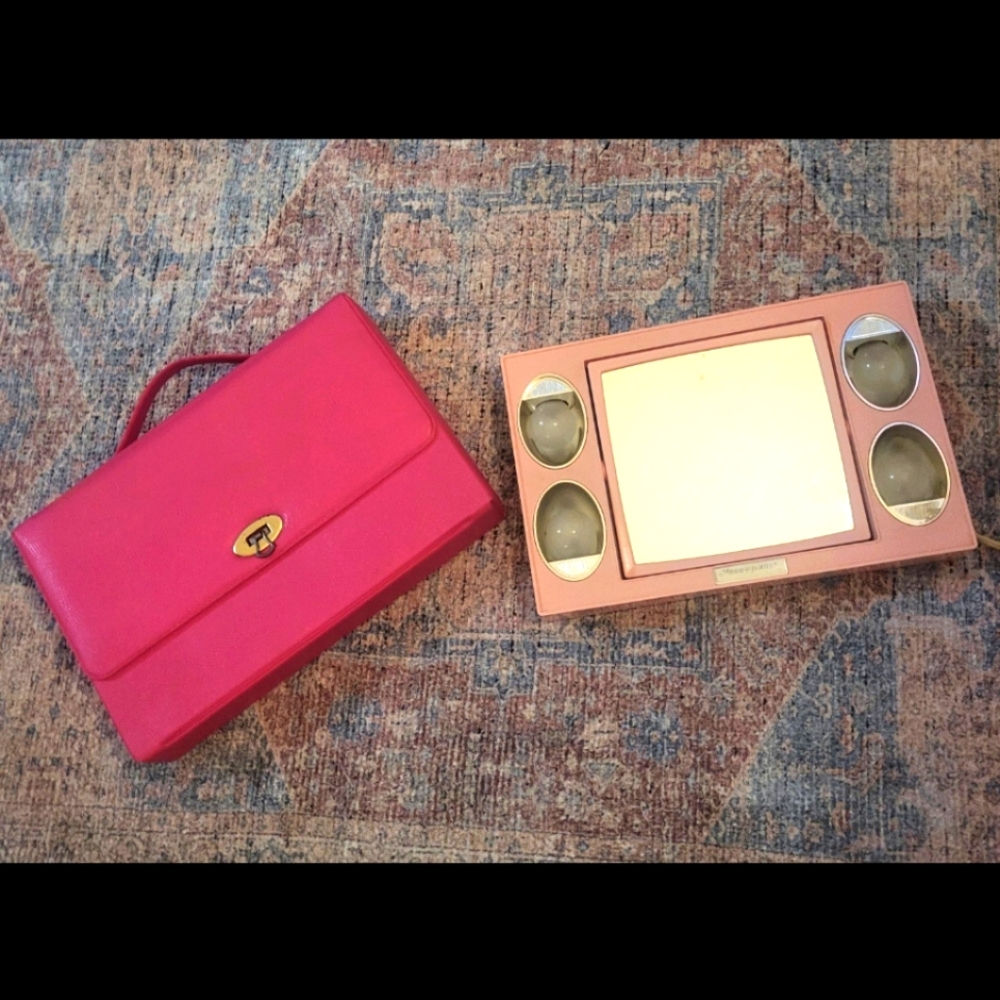 1960's Mirror Go Lightly Pink Vanity Mirror & Case